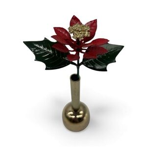 Vintage brass mini bell Christmas decor 5.5" 1978 with enamel Poinsettia scuffs